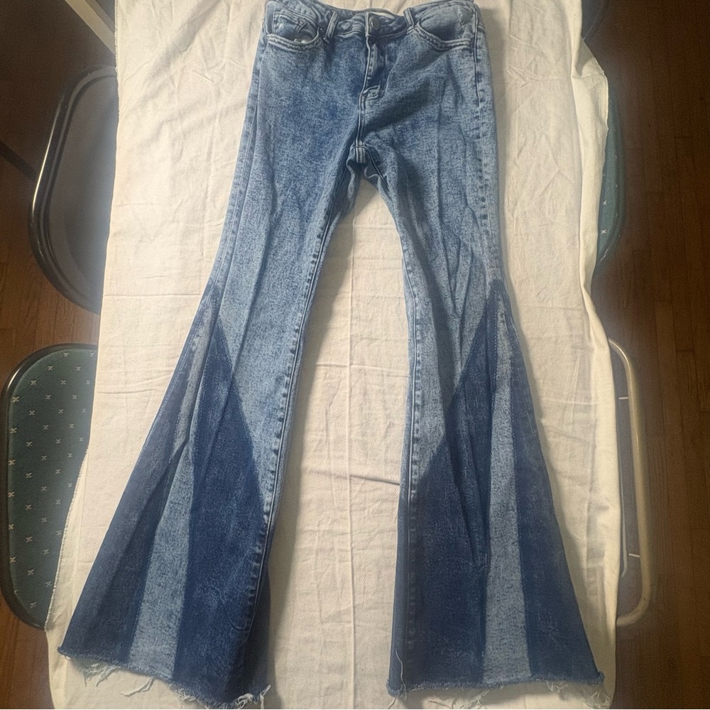 Flying Monkey Two Tone Chevron Flare Jeans Y2K Colorblock Raw Hem 28 - Picture 14 of 14